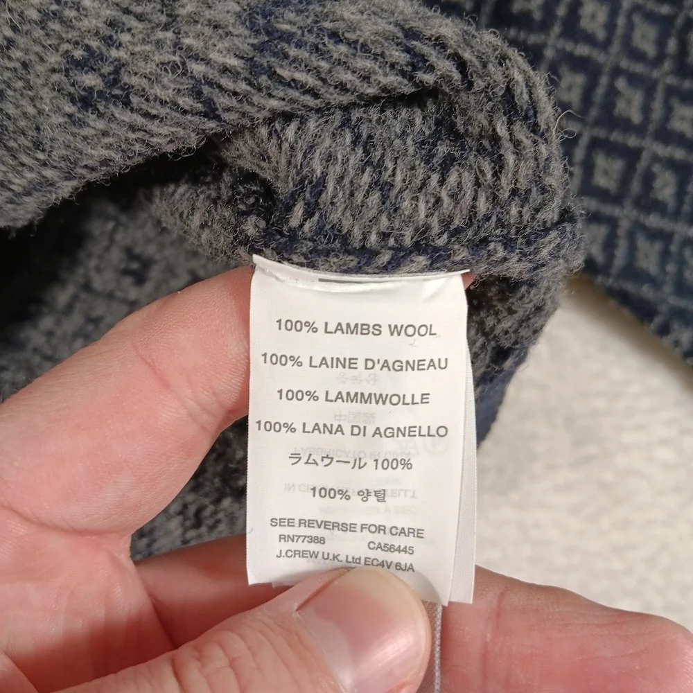 J Crew Sweater Mens XL Blue Lambswool In Nordic Grid Crew Neck Fisherman NWT